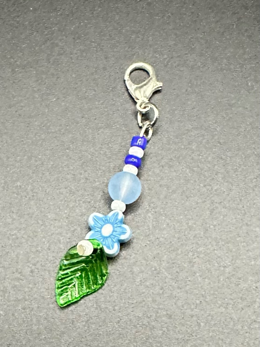 Zipper Pull Blue Floral & Green Leaf Charm Pendant for Women